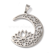 Non-Tarnish 304 Stainless Steel Pendants, Laser Cut, Hollow Moon with Lotus Charm, Stainless Steel Color, 29x25x1mm, Hole: 6x3mm(STAS-U010-25P)