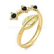 Natural Black Agate Finger Rings, Leaf 304 Stainless Steel Open Cuff Rings for Women, Real 18K Gold Plated, 13.5mm, Inner Diameter: 17mm(RJEW-F166-50G)