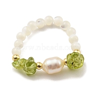 Natural Peridot Finger Ring, with Brass and Shell, for Women, Inner Diameter: 23mm(RJEW-K265-07)