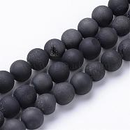 Electroplated Natural Druzy Geode Agate Bead Strands, Matte Style, Round, Black Plated, 8~9mm, Hole: 1mm, about 46pcs/strand, 14.7 inch(G-R345-8mm-53)
