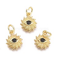 Brass Micro Pave Cubic Zirconia Pendants, with Jump Ring, Sun with Eye, Real 18K Gold Plated, Black, 12.5x10x2.7mm, Jump Rings: 5x0.8mm, Inner Diameter: 3mm(KK-P187-16C-G)
