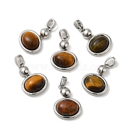 Natural Tiger Eye Pendants, Brass Oval Charms, Real Platinum Plated, 18x13x6mm, Hole: 4.5x3mm(KK-M270-45P)