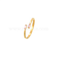 Golden Stainless Steel Cuff Ring, with Glass, Rectangle, Pink, Inner Diameter: 20mm(MM8912-5)