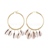 Dangle Earrings, with Natural Cowrie Shell Beads, Copper Wire and 304 Stainless Steel Hoop Earrings, Golden, 68x45mm, Pin: 1mm(EJEW-JE03661)