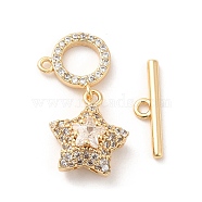 Brass Micro Pave Clear Cubic Zirconia Toggle Clasps, with Glass, Star, Real 18K Gold Plated, Star: 14x12x7mm, Hole: 1mm, 6mm inner diameter, T-bar: 4x16x2mm, Hole: 1.5mm(KK-F860-65G)