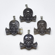 Natural Grey Agate Pendants, with Stainless Steel Snap On Bails, Skull, Stainless Steel Color, 34~36x35~37x12~13mm, Hole: 3~4x7~8.5mm(G-T122-28D)