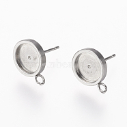 304 Stainless Steel Stud Earring Settings, with Loop, Flat Round, Stainless Steel Color, 13x10mm, Hole: 2mm, Tray: 8mm, Pin: 0.8mm(STAS-L195-03P)