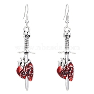 Alloy Enamel Pendant Dangle Earrings, Halloween Elements, Skull with Heart, Red, 66x14mm(PW-WG2DBDB-01)