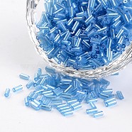 Transparent Colours Pearl Luster Plated Round Hole Glass Bugle Beads, Cornflower Blue, 2~5x1.8~2mm, Hole: 0.8mm, about 12000pcs/450g(SEED-I001-103)
