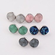 Flat Round 304 Stainless Steel Druzy Resin Ear Studs, Mixed Color, 14x7mm, Pin: 0.7mm(EJEW-JE01964)