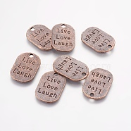 Tibetan Style Alloy Flat Oval Carved Affirmation Word Live Love Laugh Pendants, Cadmium Free & Nickel Free & Lead Free, Red Copper, 26x17.5x1mm, Hole: 3mm(X-TIBEP-22066-R-NR)