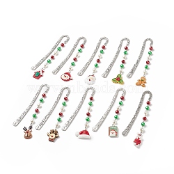 Christmas Theme Resin Pendant Bookmarks, Flower Pattern Tibetan Style Alloy Hook Bookmark, Holly Leaf/Santa Claus/Reindeer, Mixed Color, 135~142mm, 10 style, 1pc/style, 10pcs/set(AJEW-JK00206)