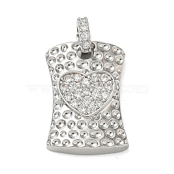 Brass Micro Pave Cubic Zirconia Pendants, Hammered Rectangle with Heart Charms, Cadmium Free & Lead Free, Rack Plating, Long-Lasting Plated, Platinum, Clear, 17.5x12.5x3.8mm, Hole: 2.5x3mm(CU-CBA4231-05A-P)