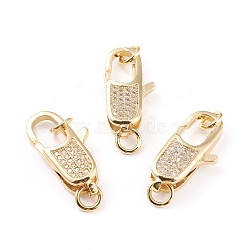 Brass Micro Pave Clear Cubic Zirconia Lobster Claw Clasp, with Jump Rings, Long-Lasting Plated, Real 18K Gold Plated, 24x11.5x5.5mm, Hole: 4mm(ZIRC-I043-31A-G)