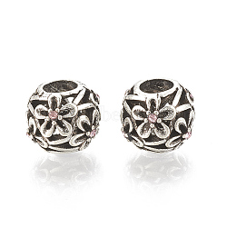 Alloy European Beads, Large Hole Beads, with Rhinestone, Rondelle with Flower, Light Rose, Antique Silver, 11x10mm, Hole: 5mm(X-MPDL-S066-002A-AS)
