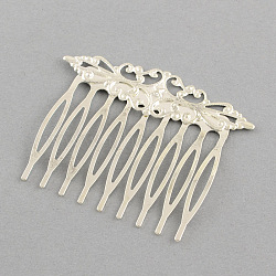Iron Hair Comb Findings, with Brass Flower, Silver Color Plated, 47x38mm, flower: 16x56mm(X-MAK-S012-FT002-9S)
