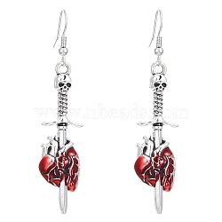 Alloy Enamel Pendant Dangle Earrings, Halloween Elements, Skull with Heart, Red, 66x14mm(PW-WG2DBDB-01)