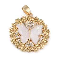 Brass Micro Pave Clear Cubic Zirconia Pendants, Round with Butterfly, Real 18K Gold Plated, 23.5x22x3.5mm, Hole: 4.5x3mm(ZIRC-M001-11G)