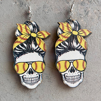 Natural Wood Dangle Earrings, with Iron Earring Hooks, Skull with Spectacles, Platinum, Yellow, 80mm