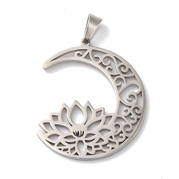 Non-Tarnish 304 Stainless Steel Pendants, Laser Cut, Hollow Moon with Lotus Charm, Stainless Steel Color, 29x25x1mm, Hole: 6x3mm