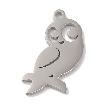 Non-Tarnish 304 Stainless Steel Pendants, Laser Cut, Owl Charm, Stainless Steel Color, 16x8x1mm, Hole: 1mm