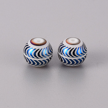 Electroplate Glass Beads, Round with Wave Pattern, Blue Plated, 10mm, Hole: 1.2mm