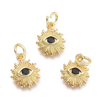Brass Micro Pave Cubic Zirconia Pendants, with Jump Ring, Sun with Eye, Real 18K Gold Plated, Black, 12.5x10x2.7mm, Jump Rings: 5x0.8mm, Inner Diameter: 3mm