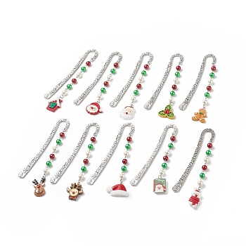 Christmas Theme Resin Pendant Bookmarks, Flower Pattern Tibetan Style Alloy Hook Bookmark, Holly Leaf/Santa Claus/Reindeer, Mixed Color, 135~142mm, 10 style, 1pc/style, 10pcs/set