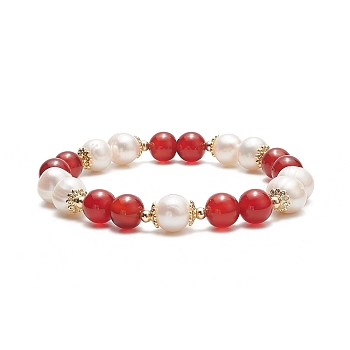 Natural Carnelian(Dyed & Heated) & Pearl Round Beaded Stretch Bracelet for Women, Inner Diameter: 2 inch(5cm)