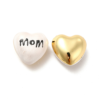 Brass Enamel Beads, Real 18K Gold Plated, Long-Lasting Plated, Heart with Word Mom, White, 17.5x18x10mm, Hole: 2mm