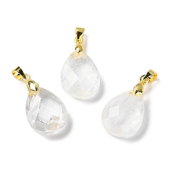 Natural Quartz Crystal Pendants, Rock Crystal Pendants, Teardrop Charms, Faceted, with Ion Plating(IP) Golden Plated Brass Findings, 18x13x6mm, Hole: 4x3.3mm