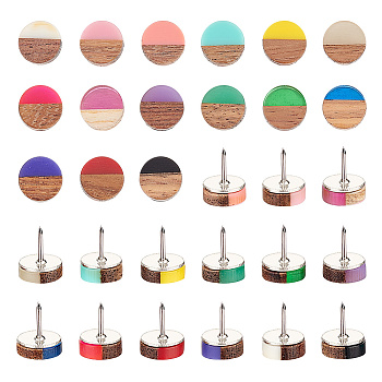 Iron Push Pins, Resin & Wood Cabochon Drawing Pins, Flat Round, Mixed Color, 13x10mm, 15 colors, 2pcs/color, 30pcs/set