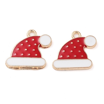 Christmas Theme Barrel Plating Alloy Enamel Pendants, Cadmium Free & Lead Free, Light Gold, Hat, 16x17x2mm, Hole: 1.6mm