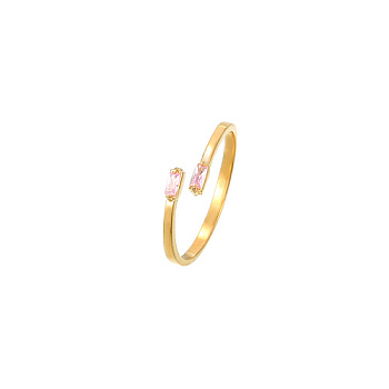 Golden Stainless Steel Cuff Ring, with Glass, Rectangle, Pink, Inner Diameter: 20mm