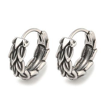 316 Surgical Stainless Steel Hoop Earrings, Leaf, Antique Silver, 14.5x4.5mm