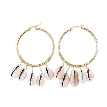Dangle Earrings, with Natural Cowrie Shell Beads, Copper Wire and 304 Stainless Steel Hoop Earrings, Golden, 68x45mm, Pin: 1mm