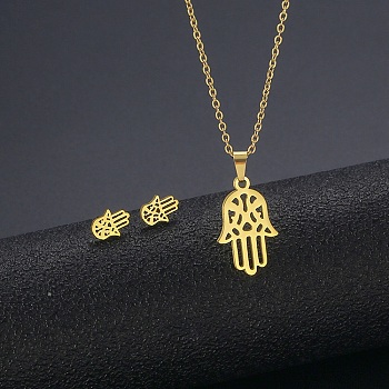 304 Stainless Steel Hamsa Hand Stud Earrings and Pendant Necklace, Jewelry Set for Mother's Day, Golden, 17.32inch(44cm), 9x6.5x1mm, Pin: 0.8mm