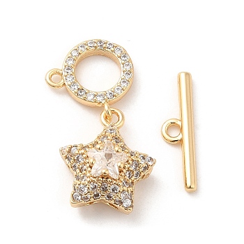 Brass Micro Pave Clear Cubic Zirconia Toggle Clasps, with Glass, Star, Real 18K Gold Plated, Star: 14x12x7mm, Hole: 1mm, 6mm inner diameter, T-bar: 4x16x2mm, Hole: 1.5mm