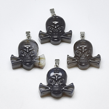 Natural Grey Agate Pendants, with Stainless Steel Snap On Bails, Skull, Stainless Steel Color, 34~36x35~37x12~13mm, Hole: 3~4x7~8.5mm