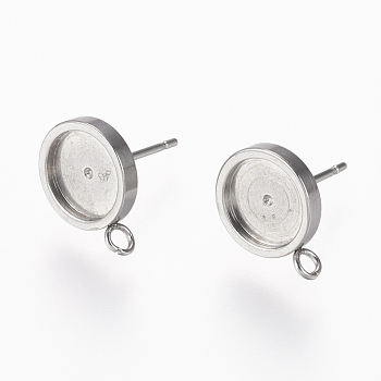304 Stainless Steel Stud Earring Settings, with Loop, Flat Round, Stainless Steel Color, 13x10mm, Hole: 2mm, Tray: 8mm, Pin: 0.8mm