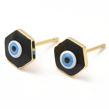 Enamel Hexagon with Evil Eye Stud Earrings, Real 18K Gold Plated Brass Jewelry for Women, Black, 8x9mm, Pin: 0.8mm