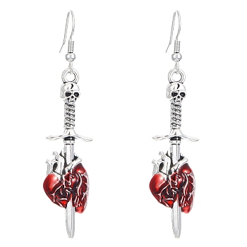 Alloy Enamel Pendant Dangle Earrings, Halloween Elements, Skull with Heart, Red, 66x14mm