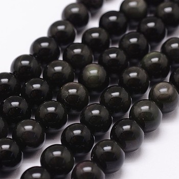 Natural Rainbow Obsidian Beads Strands, Grade AAA, Round, Black, 6mm, Hole: 1mm, about 64pcs/strand, 15.47''(39.3cm)