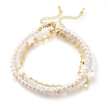 Brass Anklets Sets, Double Layer Anklets, with Glass Seed Beads, Natural Pearl Beads, Star Natural Shell Beads and 304 Stainless Steel Lobster Claw Clasps, Golden, 8-1/2 inch(21.5cm), 9-1/2 inch(24cm), 2pcs/set