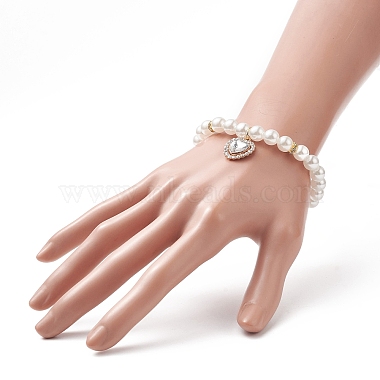 Acrylic Pearl Round Beaded Stretch Bracelet with Alloy Rhinestone Heart Charms for Women(BJEW-JB09232)-6