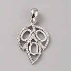 Rhodium Plated 925 Sterling Silver Pendant Cabochon Settings, Hollow Leaf with Oval Open Back Settings, with S925 Stamp, Platinum, 21x14x3.5mm, Hole: 4.5x3.5mm, Tray: 6x4mm(STER-WH0017-17P)