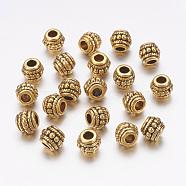 Tibetan Style Alloy Beads, Lead Free, Cadmium Free and Nickel Free, Barrel, Antique Golden, about 8mm in diameter, 6.5mm thick, hole: 3.5mm(X-GLF0009Y-NF)