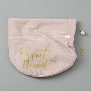 Velvet Jewelry Drawstring Pouches, with Charm, Wedding Party Gift Bag with Glod Stamping Word Sweet Moment, Pink, Unfold: 14x15cm(TP-CJC0002-01A)