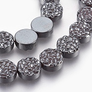 Electroplated Non-magnetic Synthetic Hematite Beads Strands, Textured Flat Round, Hematite Plated, 10x4mm, Hole: 1mm, about 40pcs/strand, 15.94 inch(40.5cm)(G-E498-21A-05)