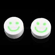Handmade Polymer Clay Beads, Flat Round with Smiling Face, Lime Green, 9~10x4mm, Hole: 1.2~1.6mm(CLAY-N011-64-04)